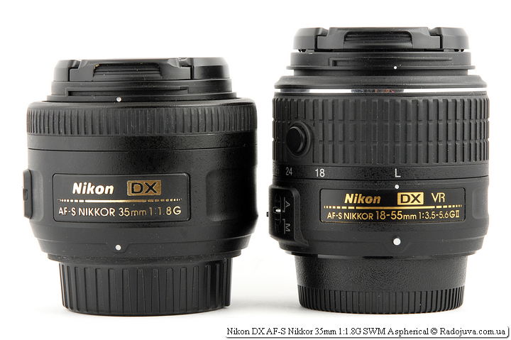 Размеры Nikon DX AF-S Nikkor 35mm 1:1.8G SWM Aspherical и китового объектива Nikon 18-55mm 1:3.5-5.6GII VR II AF-S DX Nikkor