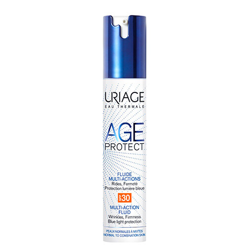 Многофункциональный дневной флюид Age Protect SPF30, Uriage. Средство с комплексом Blue Light Barrier повышает упругость кожи и борется с видимыми признаками старения.